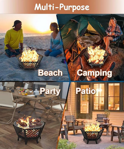 22.5 Inch Portable Hexagon Fire Pit with Travel Bag — Smokeless Patented Design Outdoor Wood Burning Fire Pit for Camping, Backyard, Patio, Bonfire, Picnic and BBQ, Diagonal Hollow Style