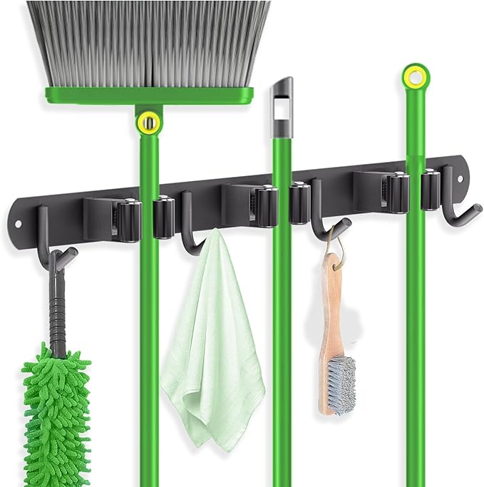 ZONGOOL Wall Mount Broom Holder 3 Racks 4 Hooks Metal Tool Organizer Black | 304 Rustproof Stainless Steel Broom Hanger, Non-Slip Wall Mount Organizer, Space Saving For Kitchen, Laundry, Garden