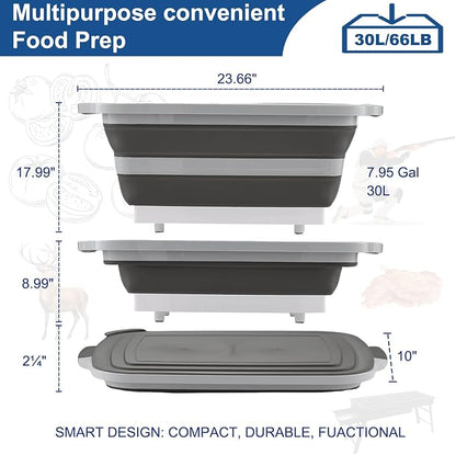 (30L/ 8 Gal) XXL BBQ Prep Tub Collapsible with Cutting Board & Lid Large Capacity 66 bl,Meat Marinating Basin,Bus Tub,Grill Prep Container,Suitable for Kitchen and Outdoor Organization Storage