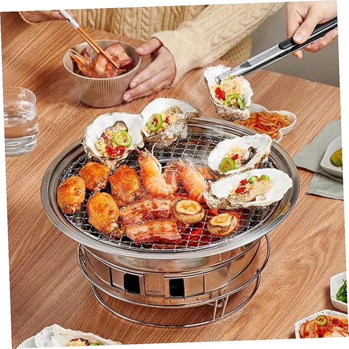 Toyvian Portable Stainless Steel Charcoal Bbq Grill Stove with Grill Rack, Small Korean Style Outdoor Barbecue Oven for Camping and Backyard Cooking