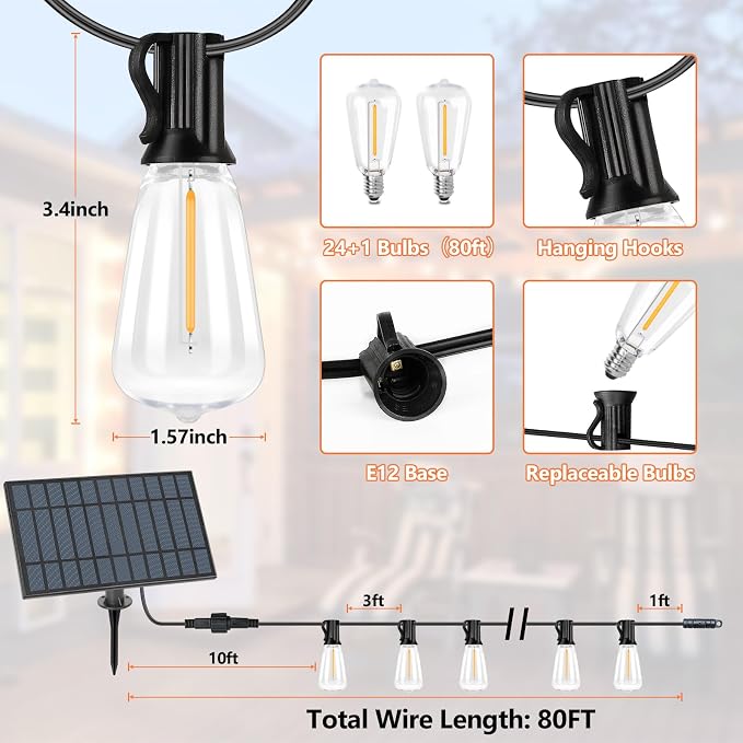 Solar Outdoor String Lights Waterproof, 80FT Dimmable ST38 LED Light String | Solar Powered String Lights for Outside with Shatterproof Bulbs, Patio Hanging Lights for Backyard Garden Party