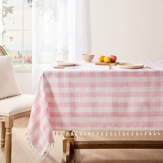 Softalker Pink Gingham Tablecloth Rectangle, Outdoor Linen Cotton Checkered Table Cloth with Tassel, Heavy Duty Wrinkle Free Buffalo Plaid Table Cover for Kitchen Dining Home Party - 55 x 120 Inch
