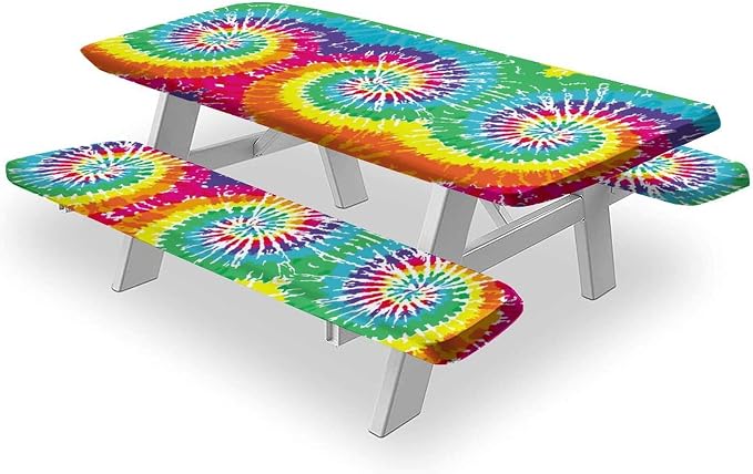 Rainbow Picnic Tablecloth and Bench Cover, 3 Piece Set, Digital Spiral Colored Psychedelic Fitted Table Cloths for Indoor Outdoor, Party, Patio Use, 72x28 in
