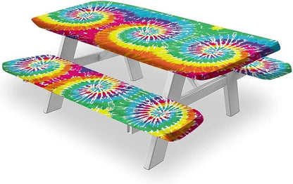 Rainbow Picnic Tablecloth and Bench Cover, 3 Piece Set, Digital Spiral Colored Psychedelic Fitted Table Cloths for Indoor Outdoor, Party, Patio Use, 72x28 in