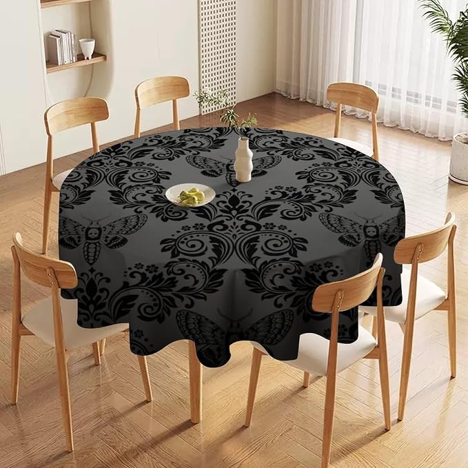 Black Damask Round Tablecloth Gothic Vintage Floral Skull Exotic Moth Antique Table Cloth Water Resistant Wipeable Table Cover for Farmhouse Party Holiday Kitchen Dinner Table 70"