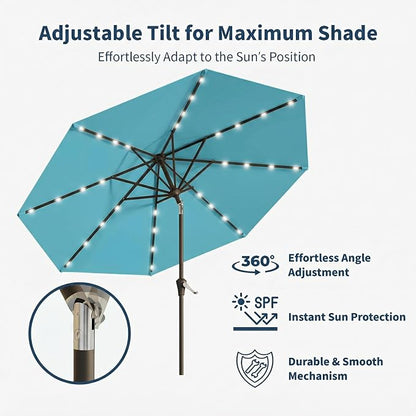 10FT Solar Umbrella 32 LED Lighted Patio Umbrella Table Market Umbrella w/Tilt and Crank, UV-Resistant Outdoor Umbrella for Pool, Garden, Deck, Sky Blue