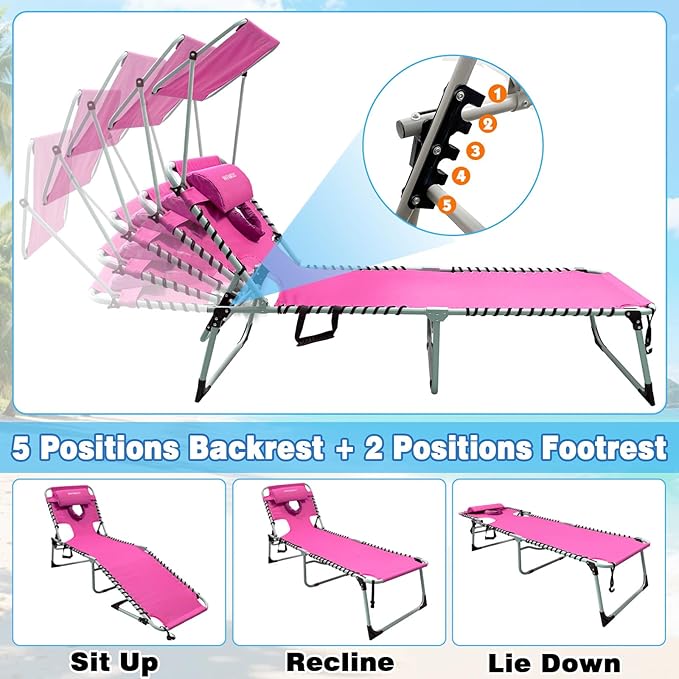Outdoor Tanning Chair with Sun Canopy Shade & Face Hole, Folding Lounge Chair with Beach Table and Carry Bag for Poolside Sunbathing Lawn