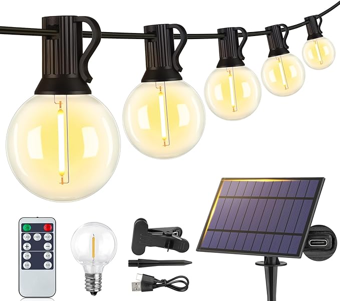 25FT Solar String Lights with Remote, 3 Modes, 11 G40 Bulbs, Black | Solar Powered, Dusk to Dawn, Dimmable, Timer, Memory Function, LED Globe Hanging Lights for Umbrella Gazebo Patio Decor