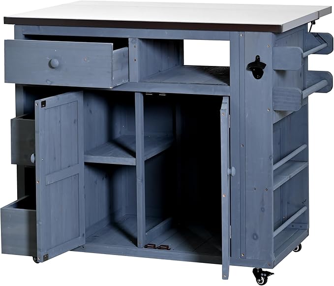 Outdoor Kitchen Island with Stainless Steel Top, Extendable Solid Wood Grill Cart on Wheels, Mobile BBQ Prep Table with Storage Cabinet and Spice Rack for Patio Backyard,