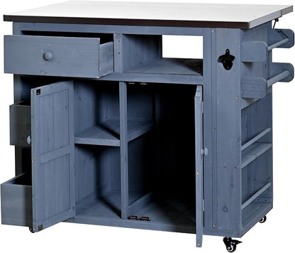 Outdoor Kitchen Island with Stainless Steel Top, Extendable Solid Wood Grill Cart on Wheels, Mobile BBQ Prep Table with Storage Cabinet and Spice Rack for Patio Backyard,