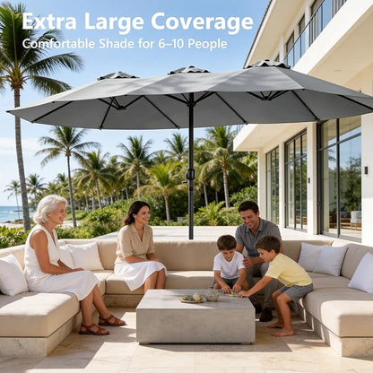 15FT Patio Umbrella, Double-Sided Outdoor Umbrella with base included, Large Standing Umbrella with Crank Handle & Ventilation, Rectangular patio umbrella for Pool, Backyard, Deck, Lawn & Beach