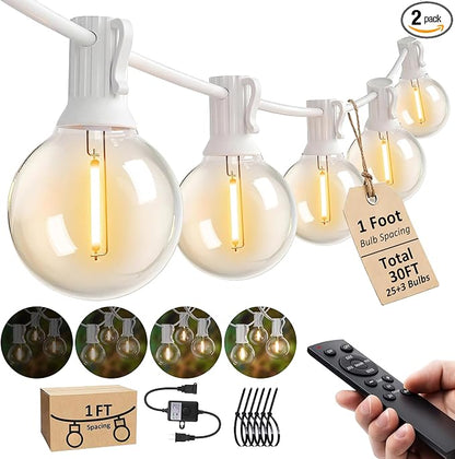 Outdoor-String-Lights with Remote 30FT Waterproof lights for Outside Patio | 12 inch Spacing,White Cord String Lights,Connectable Dimmable Patio Lights with Remote,Timer,3 Modes for Backyard, Bistro