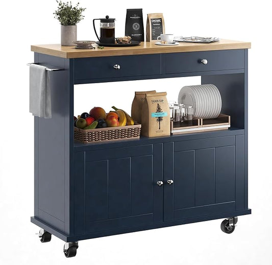knoworld Rolling Kitchen Island with Storage Cabinet, 35.4'' Width Kitchen Cart, 2 Drawers Island Table, Portable Mobile Kitchen Island with Towel Rack, Wood Top and Lockable Wheels, Blue