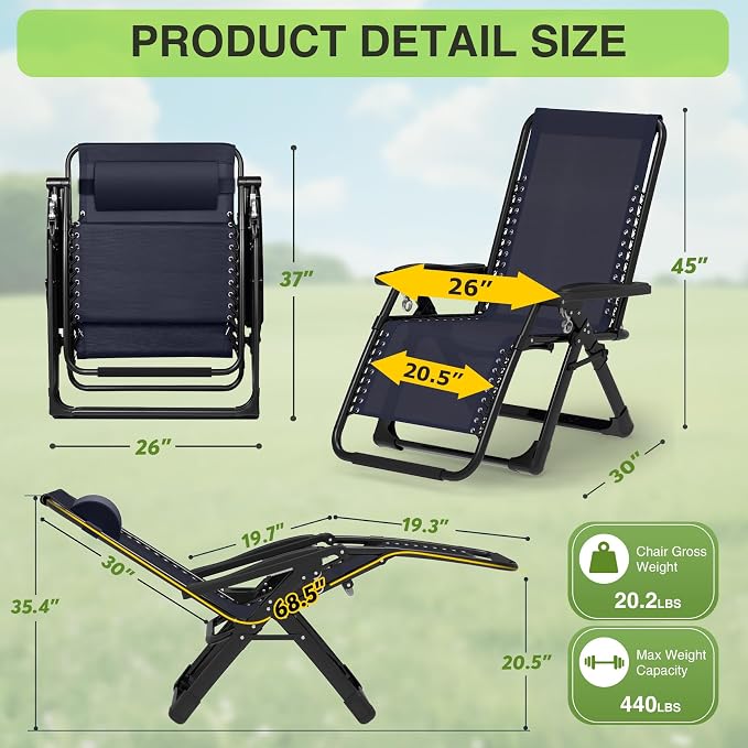 Suteck Zero Gravity Chairs Set of 2, Reclining Camping Chair with Cushion | Anti Gravity Recliner Lounge Chair with Aluminum Alloy Lock & Cup Holder, 90-170° Adjustable, for Lawn Patio Indoor