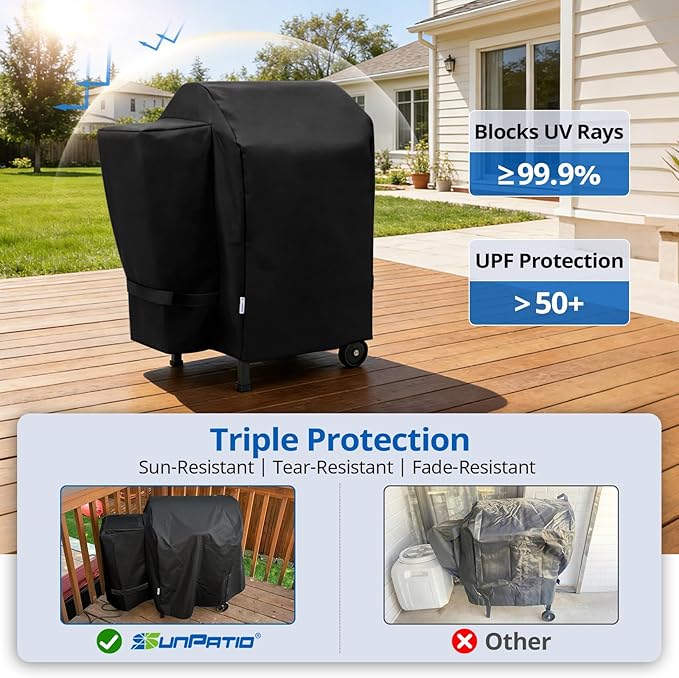 SunPatio Outdoor Heavy Duty Waterproof Grill Cover, Compatible for Traeger 20 Series Wood Pellet, Tailgater and Recteq 340 Grills, Full Length Barbecue Cover, All Weather Protection, Black