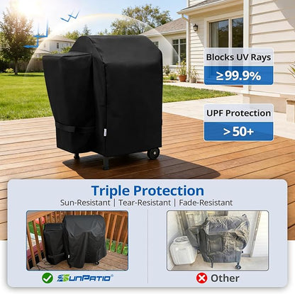 SunPatio Outdoor Heavy Duty Waterproof Grill Cover, Compatible for Traeger 20 Series Wood Pellet, Tailgater and Recteq 340 Grills, Full Length Barbecue Cover, All Weather Protection, Black