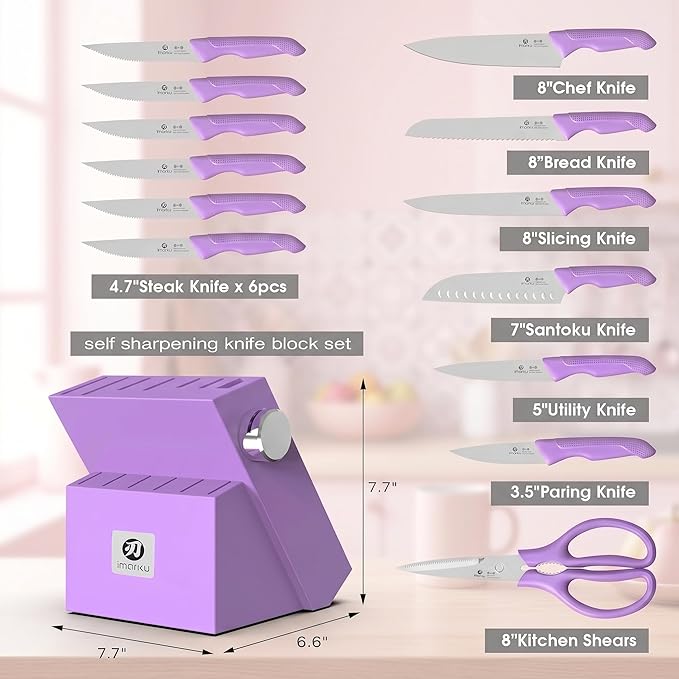imarku 14-Piece Purple Knife Set with Block – Glides Through Meat, Fish, Veggies & Bread – Standout Color for Stylish Kitchens – Built-in Sharpener – Elegant Gift for Mom, Wife, and Yourself