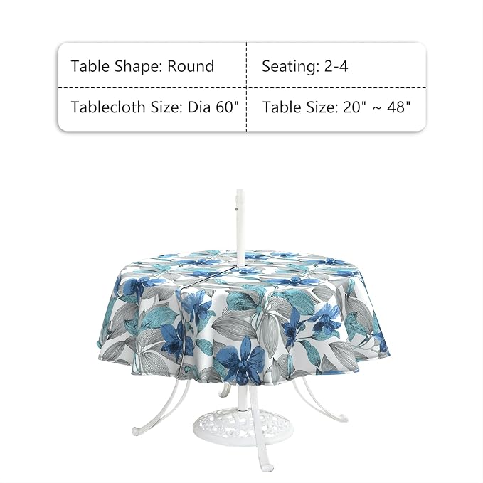 LVTXIII Outdoor Tablecloth with Umbrella Hole and Zipper, 60 Inch Water-Repellent Patio Table Cloth, Round Table Covers for Backyard Garden, Clemens Noir Blue