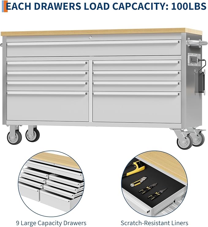 61 in Tool Chest, Tool Box Mobile 9 Drawers Storage Rolling Cabinet with Wheels Lock Key Locking System Drawer Liners for Garage Warehouse Repair Shop