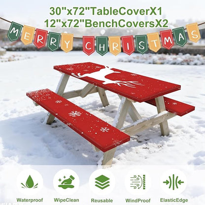 Christmas Picnic Pable Cover with Table Cover, Elastic Tablecloth for Outdoor Picnic Table, Red Reindeer and Snowflake Design, Tablecloth for Camping, Barbecue and Holiday Parties
