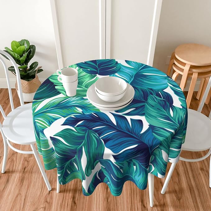 Sweetshow Tropical Tablecloth Round 70 Inches for Summer Green Hawaiian Palm Leaf Round Tablecloth Polyester Washable Circle Table Cover Table Cloth for Kitchen Dining Room Picnic Patio Wedding Party
