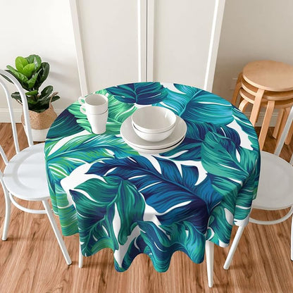 Sweetshow Tropical Tablecloth Round 70 Inches for Summer Green Hawaiian Palm Leaf Round Tablecloth Polyester Washable Circle Table Cover Table Cloth for Kitchen Dining Room Picnic Patio Wedding Party