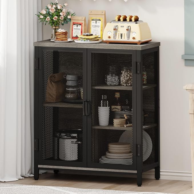 Small Coffee Bar Cabinet with Storage, Farmhouse Liquor Cabinet for Home Coffee Station, Wood Sideboard Buffet with Doors for Kitchen, Dining Room, Living Room, Dark Grey Oak