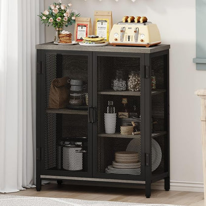 Small Coffee Bar Cabinet with Storage, Farmhouse Liquor Cabinet for Home Coffee Station, Wood Sideboard Buffet with Doors for Kitchen, Dining Room, Living Room, Dark Grey Oak