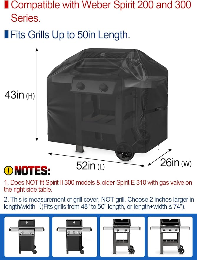 PAMASE 52in Grill BBQ Cover fits Weber Spirit 200 & 300 Series - Waterproof Gas Cover for Outdoor Grill, UV Fade & Rip Resistant, Compatible with Dyna-Glo, Nexgrill, Char-Broil