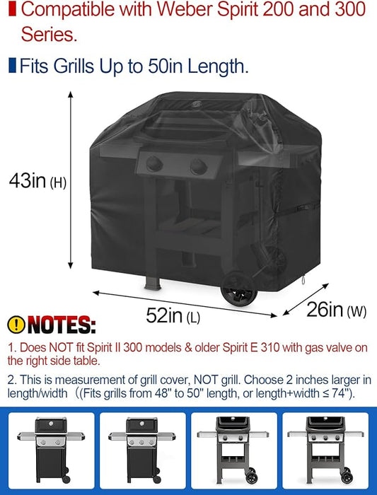 PAMASE 52in Grill BBQ Cover fits Weber Spirit 200 & 300 Series - Waterproof Gas Cover for Outdoor Grill, UV Fade & Rip Resistant, Compatible with Dyna-Glo, Nexgrill, Char-Broil