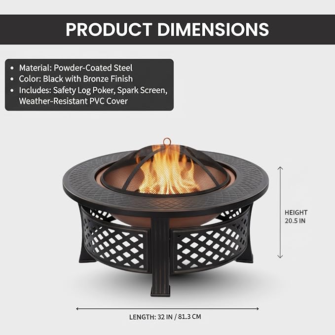Fire Pit - 32-Inch Outdoor Fireplace with Spark Screen, Poker, and Cover - Wood-Burning Fire Pit for Yard, Patio, or Camping by Pure Garden (Bronze)