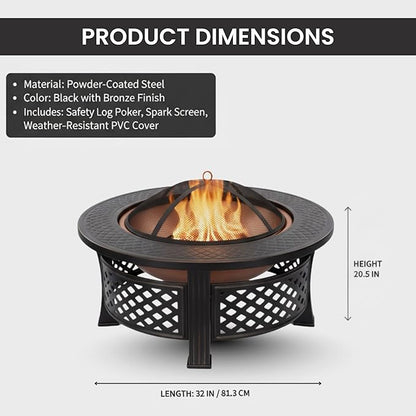 Fire Pit - 32-Inch Outdoor Fireplace with Spark Screen, Poker, and Cover - Wood-Burning Fire Pit for Yard, Patio, or Camping by Pure Garden (Bronze)