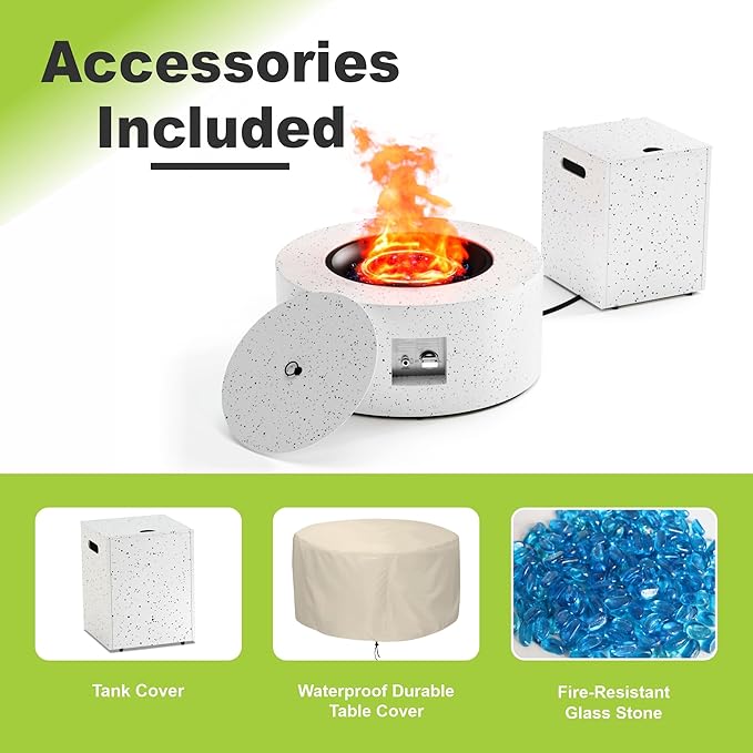 2-Piece Outdoor Propane Fire Pit Table Set w Tank Side Table 30'' Round Fire Pit Table 2-in-1 Firepit Table for Outside Patio Gas Fire Pit w 304 Stainless Steel Burner 50,000 BTU,Speckled White﻿