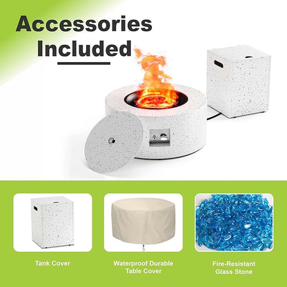 2-Piece Outdoor Propane Fire Pit Table Set w Tank Side Table 30'' Round Fire Pit Table 2-in-1 Firepit Table for Outside Patio Gas Fire Pit w 304 Stainless Steel Burner 50,000 BTU,Speckled White﻿