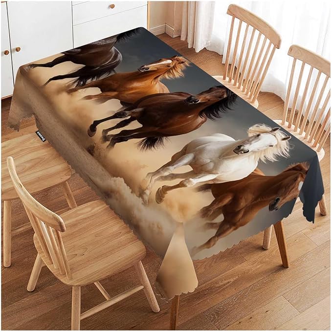 Swono Horse Tablecloth Horse Herd Run in Desert Sand Storm Rectangle Table Cloth Washable Plaid Table Cover for Kitchen Holiday Dinner Picnic BBQ, 52x 70 Inch Tablecloth