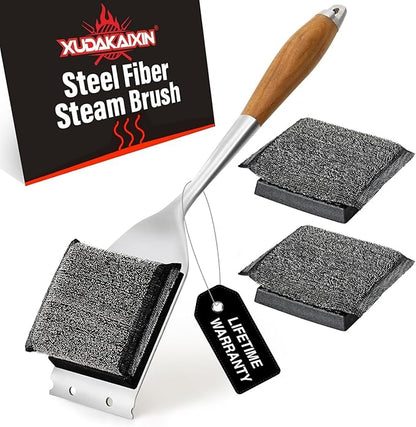 XUDAKAIXIN Bristle-Free Steam Grill Brush – No Bristle Shedding, with Replacement Head. Ultra-Safe & Efficient Cleaner for Cast Iron and Stainless Steel Outdoor Grills