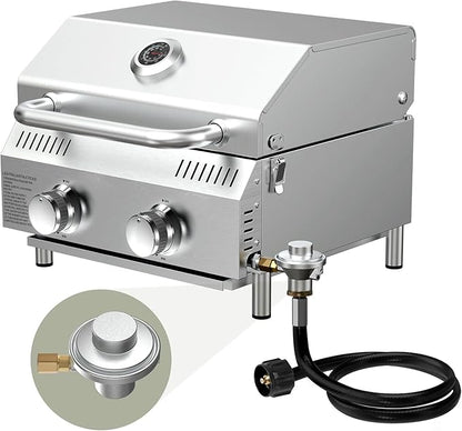 Bestfire Tabletop Propane Gas Grill 2 Burners- Dual Connections, 20,000 BTUs Stainless Steel Portable Grill Fits Large Gas Cylinders and Small Canisters for Outdoor Camping and RV Trips
