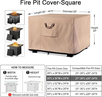 QH.HOME Fire Pit Cover Square-29-30 Inch Heavy Duty 900D Strong Tear-Resistant and UV Resistant and Waterproof and Fading Resistant Material Polyester Firepit Covers for Outdoor Fire Table-Wheat