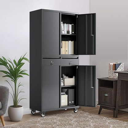 PioneerWorks 73" Metal Storage Cabinet w/Locking Doors | Adjustable Shelves + 2 Drawers | Robust Utility Storage for Garage Organization-Dark Black with Legs