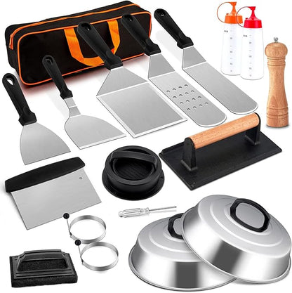 Griddle Accessories Kit, Joyfair 18Pcs Flat Top Grill Accessories for Blackstone, Stainless Steel Hibachi Griddle Tool Set with Spatula, Basting Cover Burger Press for Outdoor BBQ (PP Plastic Handles)