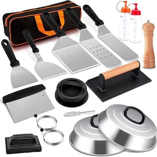 Griddle Accessories Kit, Joyfair 18Pcs Flat Top Grill Accessories for Blackstone, Stainless Steel Hibachi Griddle Tool Set with Spatula, Basting Cover Burger Press for Outdoor BBQ (PP Plastic Handles)