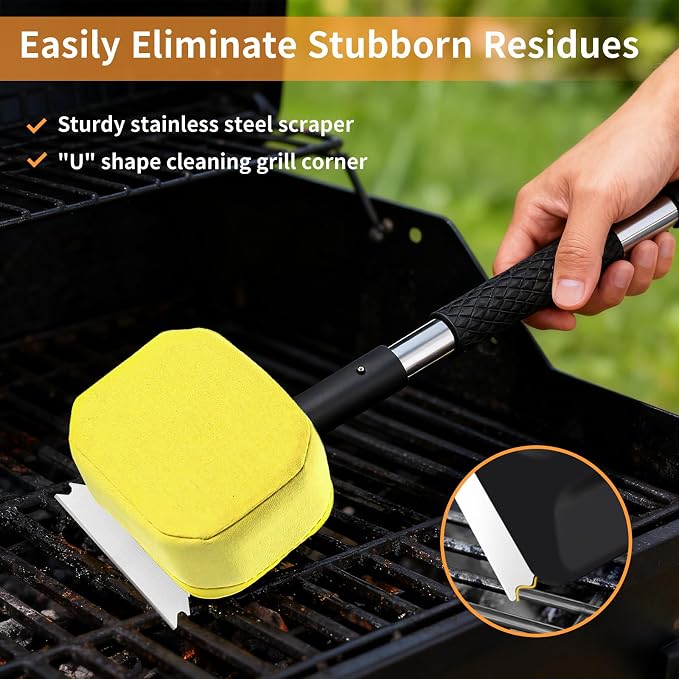 5Pcs Grill Brush for Outdoor Grill, w/Bristle Free BBQ Scraper | Grill Brush Set with Steam/Steel/Plastic/Scour Heads & 20.47" Handle, Safe for Cast Iron, Stainless Steel, Porcelain Grates