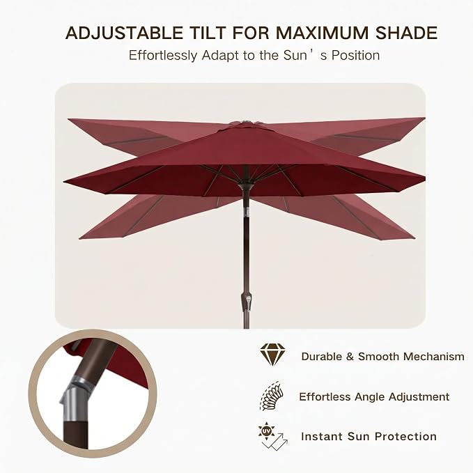 Kingdura 9FT Outdoor Patio Umbrella, Round Market Table Umbrella with Push‑Button Tilt and Crank Lift, 8 Sturdy Metal Ribs, UV50+ Protection Canopy for Backyard, Lawn, Deck, Poolside, Garden (Dark red)