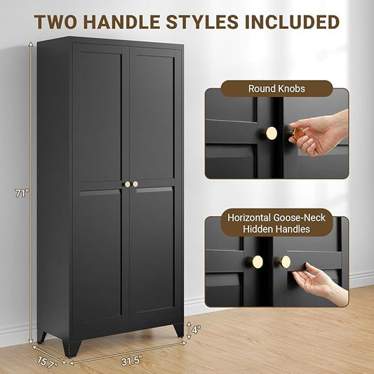 71" Tall Metal Kitchen Pantry Cabinet, Freestanding Steel Storage Cabinet with Doors, 4 Adjustable Shelves, for Dining Room, Black