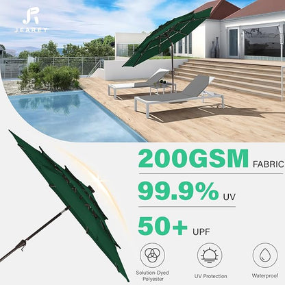 JEAREY 9 ft 3-Tier Outdoor LED Lighted Patio Umbrella w/Crank, Dark Green | Solar Market Table Umbrella with 8 Sturdy Ribs, UV Protection Waterproof Sunproof for Garden, Deck and Backyard