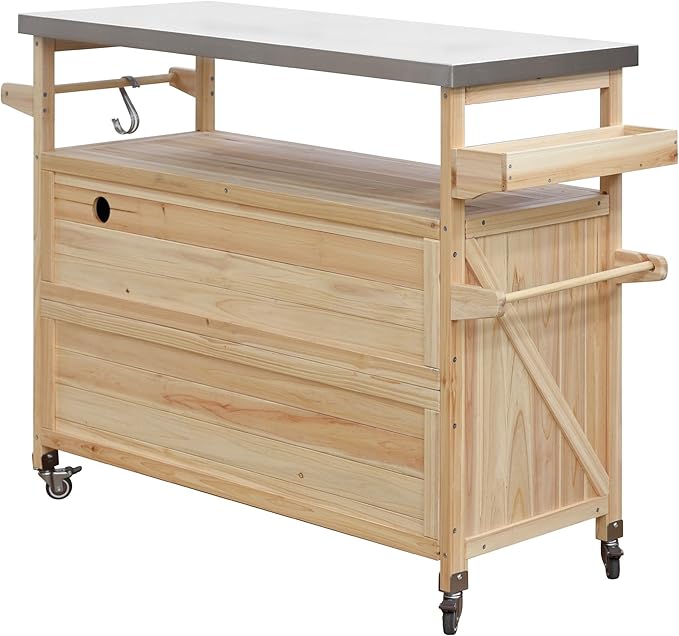 Outdoor Grill Cart with Storage, Rolling Bar Cart and Lockable Wheels, Farmhouse Solid Wood Outdoor Grill Table with Stainless Steel Top, Spice Rack, Towel Rack for Kitchen and BBQ, Natural