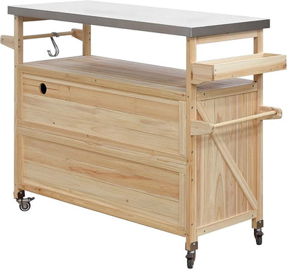Outdoor Grill Cart with Storage, Rolling Bar Cart and Lockable Wheels, Farmhouse Solid Wood Outdoor Grill Table with Stainless Steel Top, Spice Rack, Towel Rack for Kitchen and BBQ, Natural