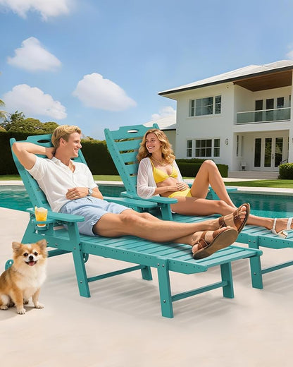 Carauci Lounge Chair Outdoor, HDPE Chaise Lounge with Wheels, 5-Position Adjustable Backrest & 2 Cup Holders Patio Lounge Chair, All-Weather Pool Sun Lounger for Poolside, Backyard, Lake Blue
