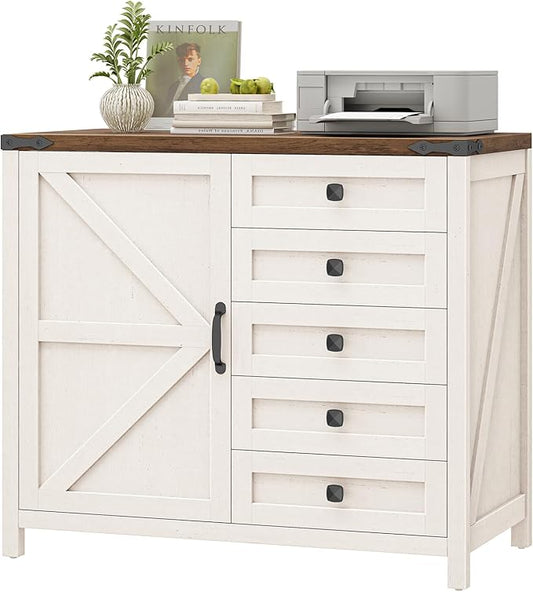 Vabches 5 Drawer Storage Cabinet, Office Storage Cabinet with Door and Adjustable Shelf, Large Farmhouse Printer Stand for Home Office, Rustic White