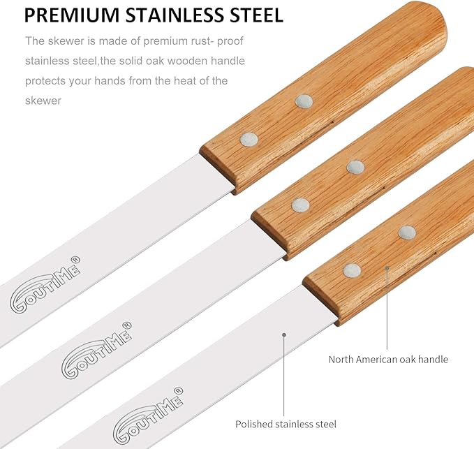 Goutime 23 X 5/8 Inch Stainless Steel Shish Kabob Barbecue BBQ Skewers with Wood Handle for Outdoor Cooking Grilling, Set of 7 with Bag
